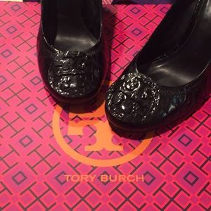 Tory Burch black patent wedges